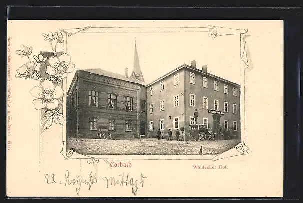 AK Corbach, Hotel Waldecker Hof, mit Kirchturmspitze