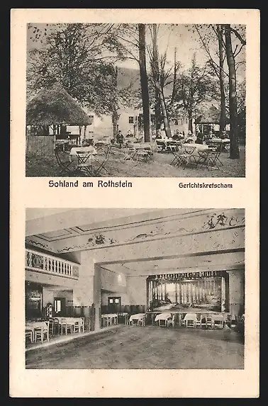 AK Sohland / Rotstein, Gasthaus Gerichtskretscham R. Ketzscher, mit Bühnensaal und Garten