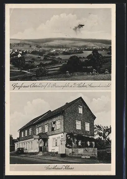 AK Oberndorf bei Braunfels /Lahn, Gasthaus Klaas mit -Fahne, Gesamtansicht