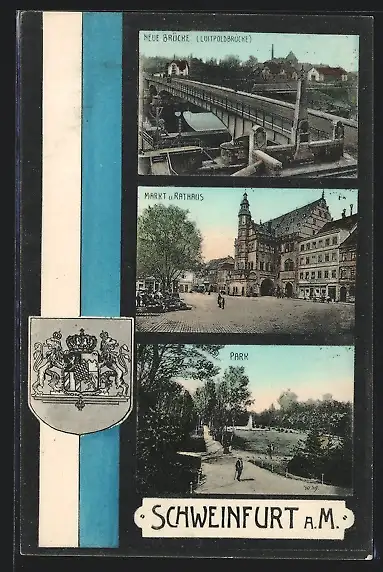 AK Schweinfurt a. M., Markt und Rathaus, Leopoldbrücke, Wappen