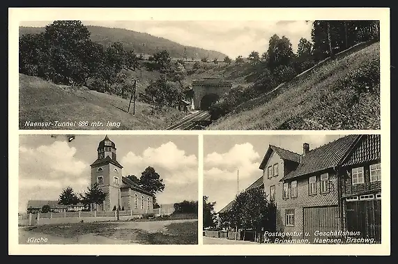 AK Naensen /Braunschweig, Postagentur u. Geschäftshaus H. Brinkmann, Naenser Tunnel