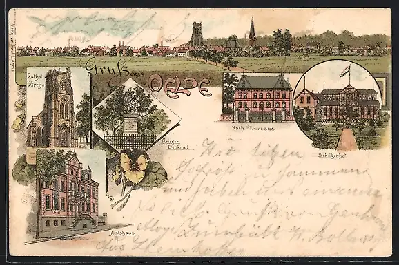 Lithographie Oelde, Schützenhof, Amtshaus, Kriegerdenkmal