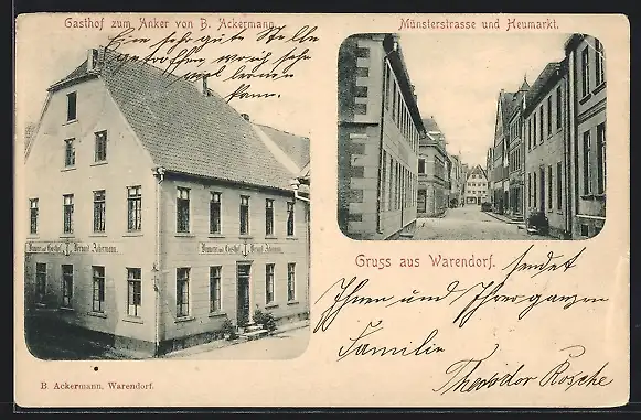 AK Warendorf, Gasthof zum Anker v. B. Ackermann, Münsterstrasse und Heumarkt