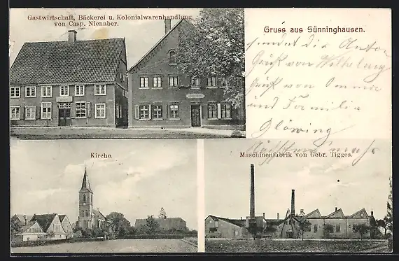 AK Sünninghausen, Gastwirtschaft, Bäckerei u. Kolonialwarenhandlung v. Casp. Nienaber, Maschinenfabrik Gebr. Tigges