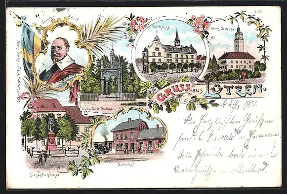 Lithographie Lützen, Rathaus, Altes Schloss, Bahnhof, Siegesdenkmal