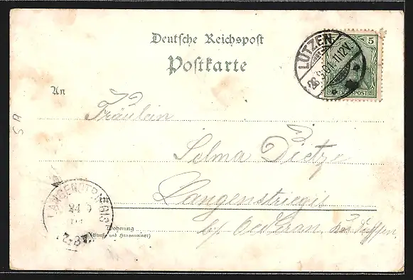 Lithographie Lützen, Rathaus, Altes Schloss, Bahnhof, Siegesdenkmal