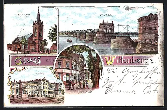 Lithographie Wittenberge, Bahnhof, Kath. Kirche, Elb-Brücke, Bahnstrasse