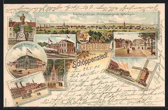 Lithographie Schöppenstedt, Bahnhof, Hotel zum Deutschen Haus, Zuckerfabrik