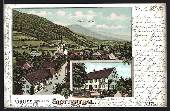 Lithographie Waldkirch / Kandel, Gasthaus zum Hirschen, Ortsansicht