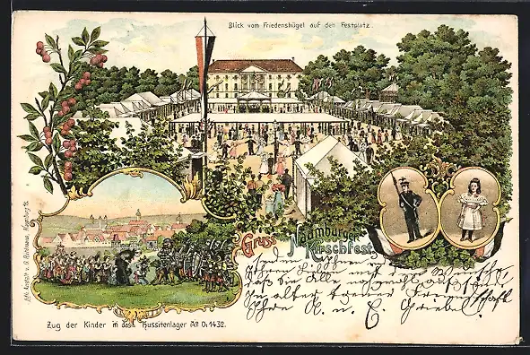 Lithographie Naumburg / Saale, Volksfest Kirschfest, Blick vom Friedenshügel auf den Festplatz