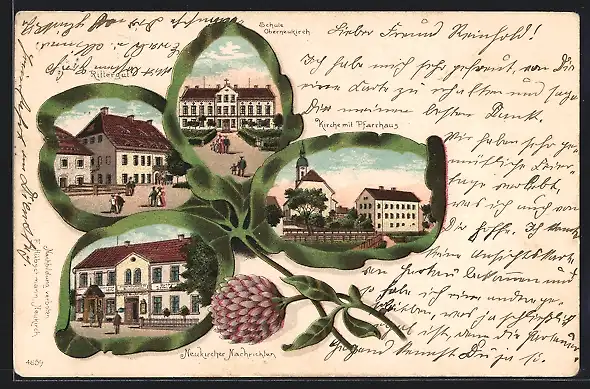 Passepartout-Lithographie Neukirch /Lausitz, Neukircher Nachrichten, Rittergut, Schule