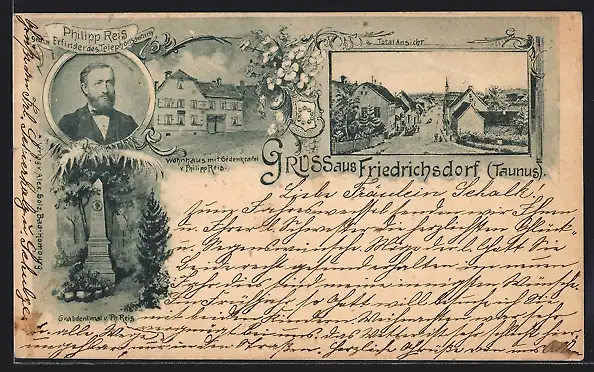 Lithographie Friedrichsdorf /Taunus, Wohnhaus mit Gedenktafel, Philipp Reis, Erfinder des Telefons