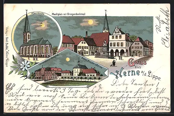 Lithographie Werne a. d. Lippe, Christophorus-Hospital, Marktplatz mit Kriegerdenkmal, Pfarrkirche