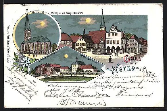 Lithographie Werne a. d. Lippe, Marktplatz mit Kriegerdenkmal, Pfarrkirche