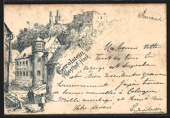 Lithographie Gerolstein, Gasthof Heck, Ruine