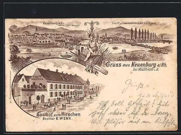 Lithographie Neuenburg am Rhein, Gasthof zum Hirschen, Schiff u. Eisenbahnbrücke, Ortsansicht