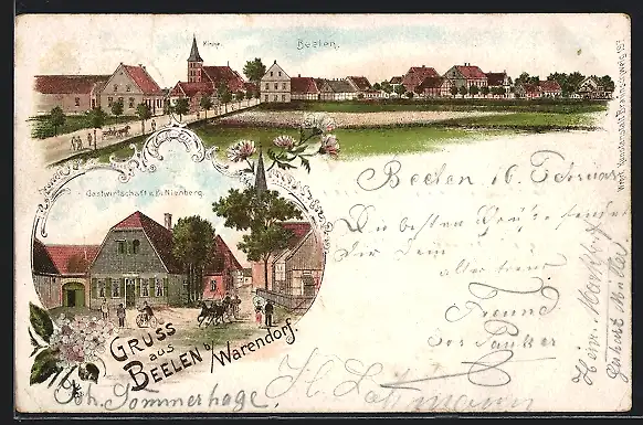 Lithographie Beelen b. Warendorf, Gastwirtschaft v. B. Nienberg, Ortsansicht mit Kirche