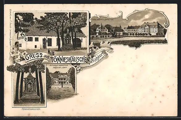 Lithographie Füchtorf, Gasthaus am Tönnieshäuschen, Rittergut Harkotten