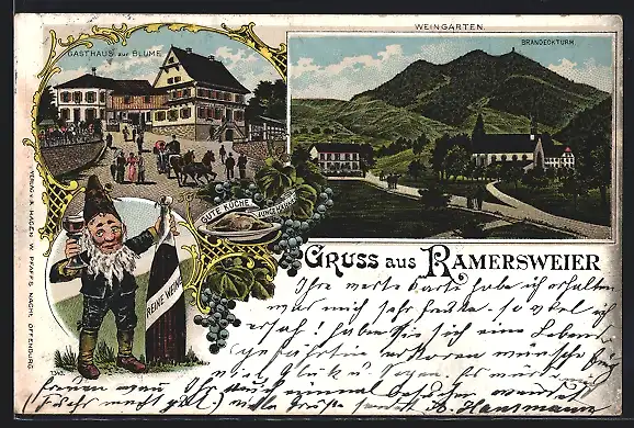 Lithographie Rammersweier, Gasthaus zur Blume, Zwerg mit Flasche vom Weingarten, Brandeckturm