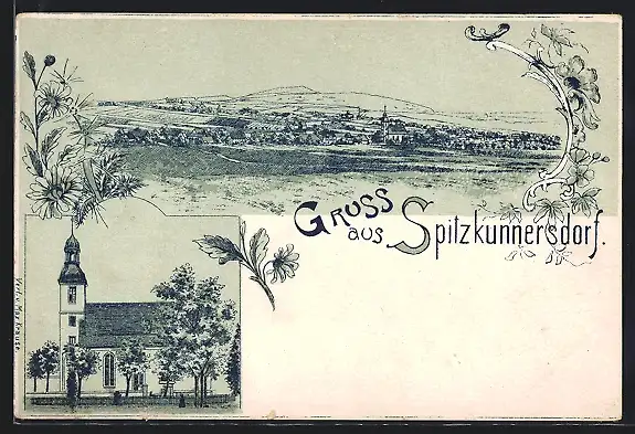 Lithographie Spitzkunnersdorf, Ortsansicht mit Kirche