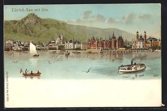 Lithographie Künzli Nr. 5013: Zürich, Dampfer auf dem Zürich-See gegen Uto, Berg mit Gesicht / Berggesichter
