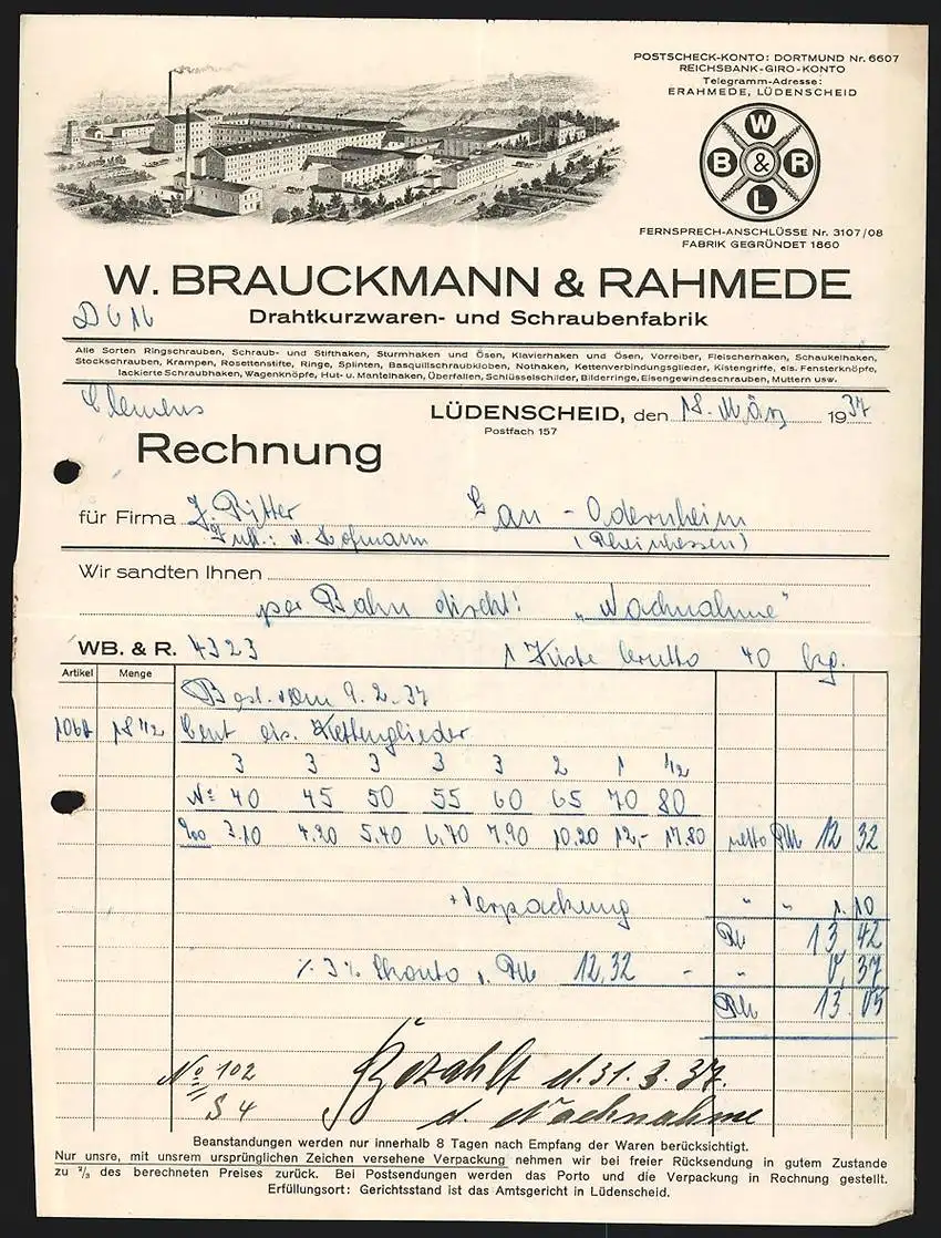 Rechnung Lüdenscheid 1937, W. Brauckmann & Rahmede Drahtkurzwaren- und Schraubenfabrik, Werksgelände