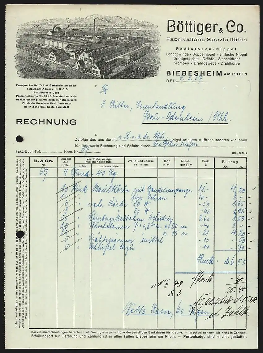 Rechnung Biebesheim a. Rhein 1937, Böttiger & Co. Fabrikations-Spezialitäten, Fabrikgelände mit Schornsteinen
