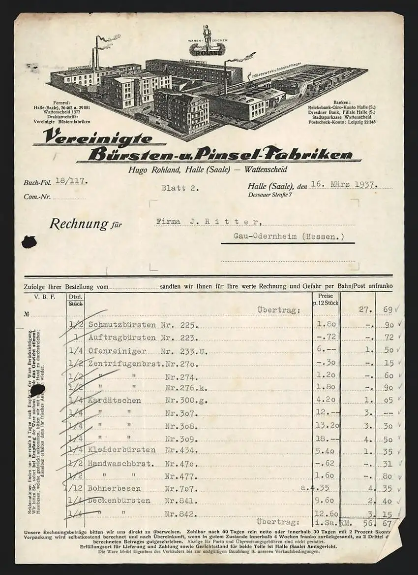 Rechnung Halle /Saale 1937, Vereinigte Bürsten- u. Pinsel-Fabriken, Werksgelände mit Hölzerwerk u. Rohstofflager