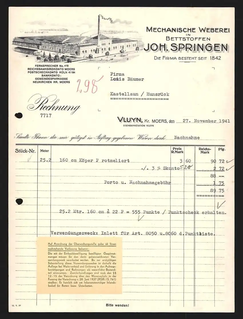 Rechnung Vluyn 1941, Joh. Springen Mechanische Weberei, Fabrikgelände