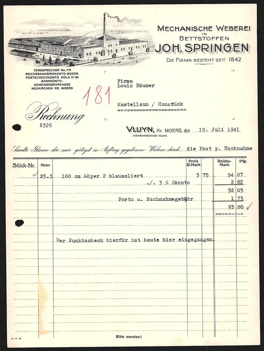 Rechnung Vluyn 1941, Joh. Springen Mechanische Weberei, Fabrikgelände mit Schornstein