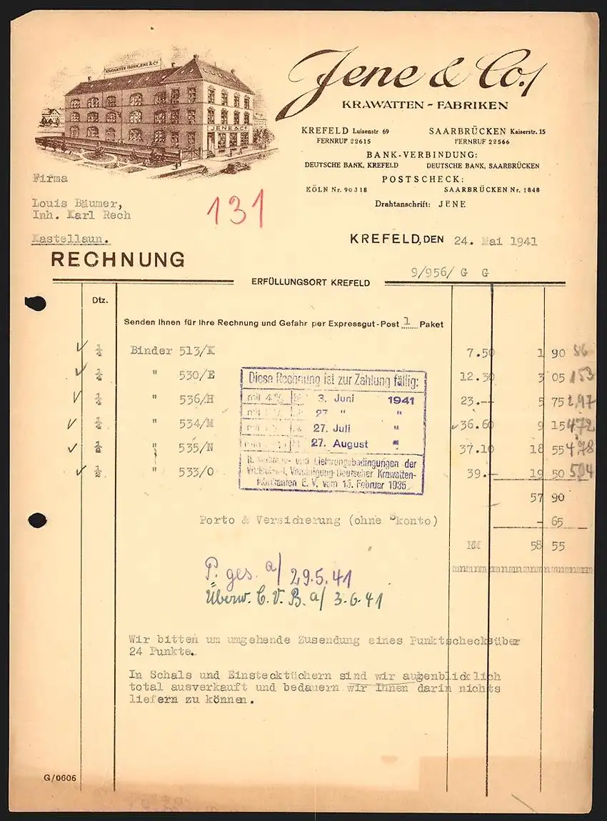 Rechnung Krefeld 1941, Jene & Co. Krawatten-Fabriken, Firmengebäude mit Garten