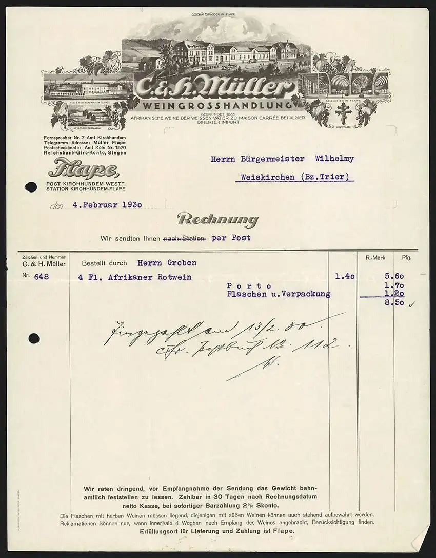 Rechnung Flape 1930, C. & H. Müller Weingrosshandlung, Kellereien