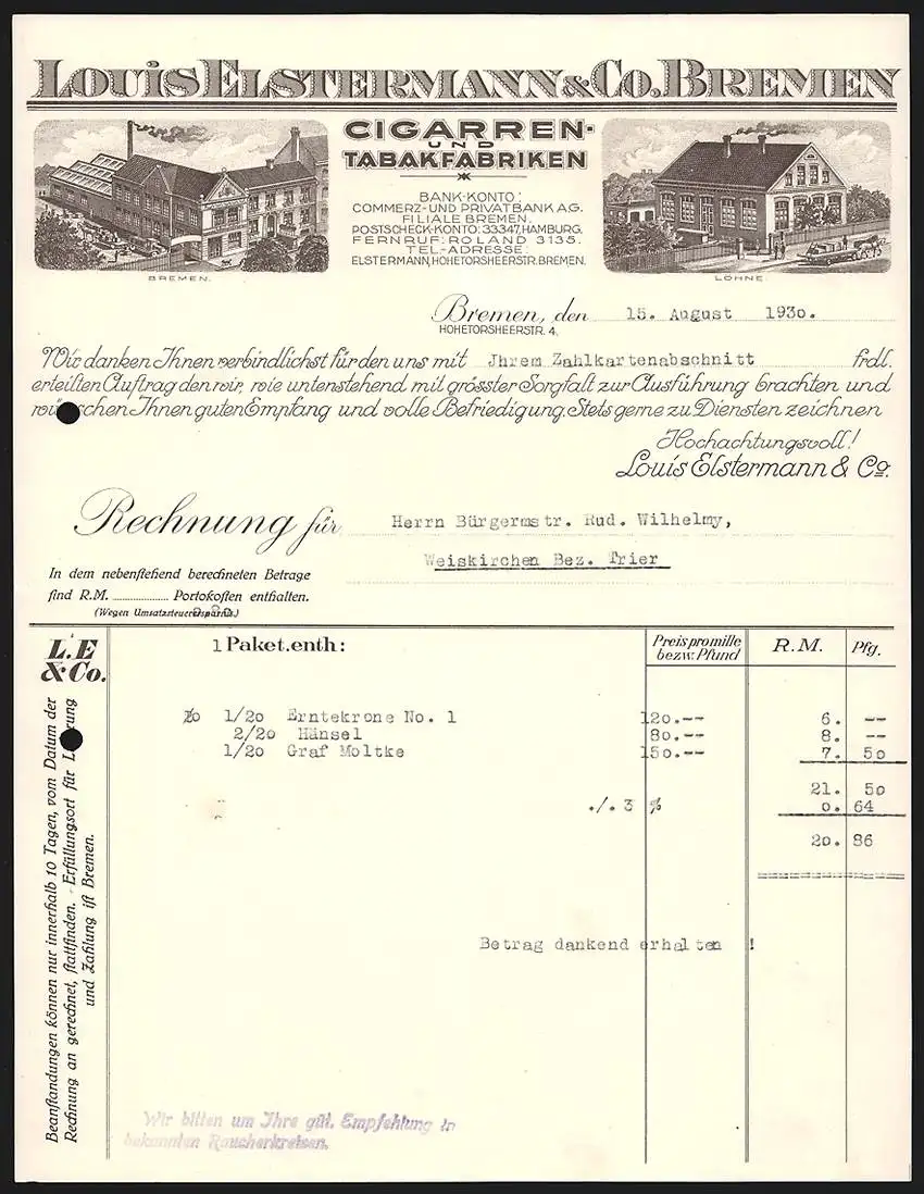 Rechnung Bremen 1930, Louis Elstermann & Co. Cigarren- u. Tabak-Fabriken, Fabrikhalle u. Filiale