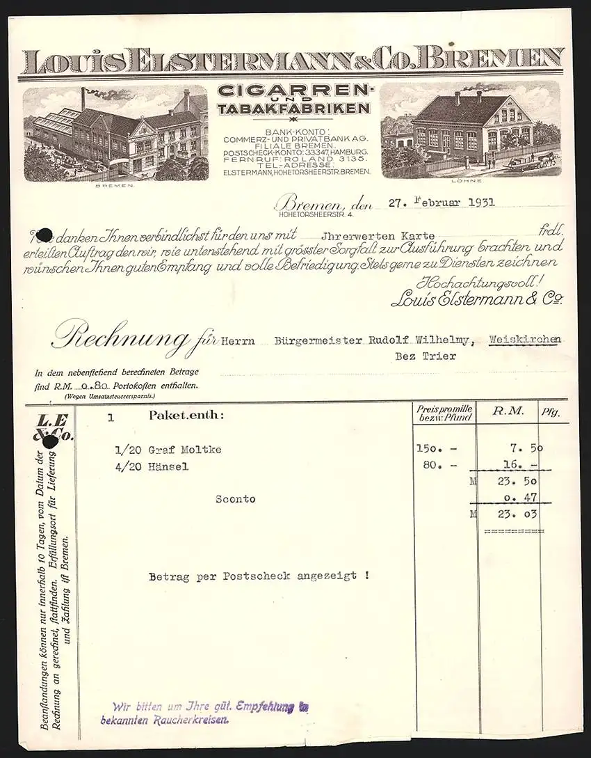 Rechnung Bremen 1931, Louis Elstermann & Co. Cigarren- u. Tabak-Fabriken, Fabrikgelände u. Filiale