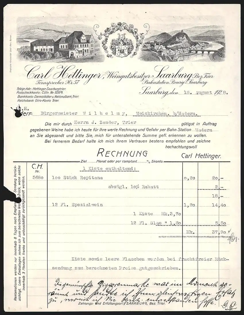 Rechnung Saarburg 1928, Carl Hettinger Weingutsbesitzer, Weingut, Panorama