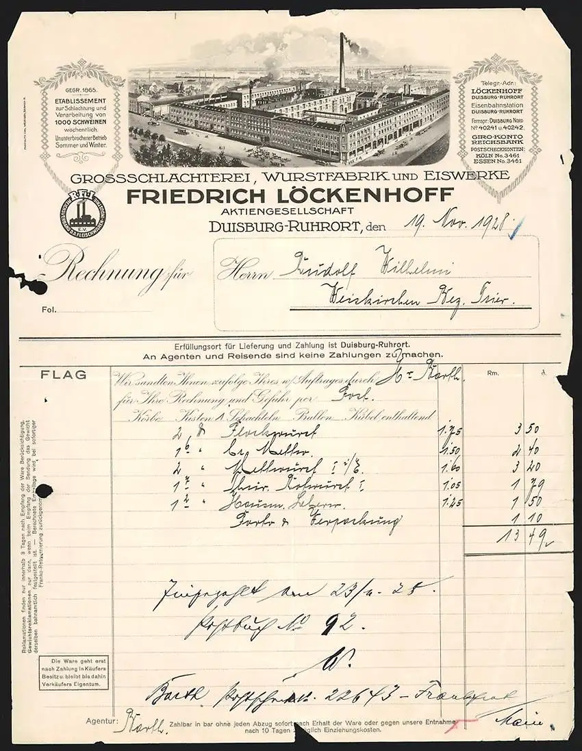 Rechnung Duisburg-Ruhrort 1928, Friedrich Löckenhoff Grossschlachterei, Wurstfabrik u. Eiswerke, Werksgelände