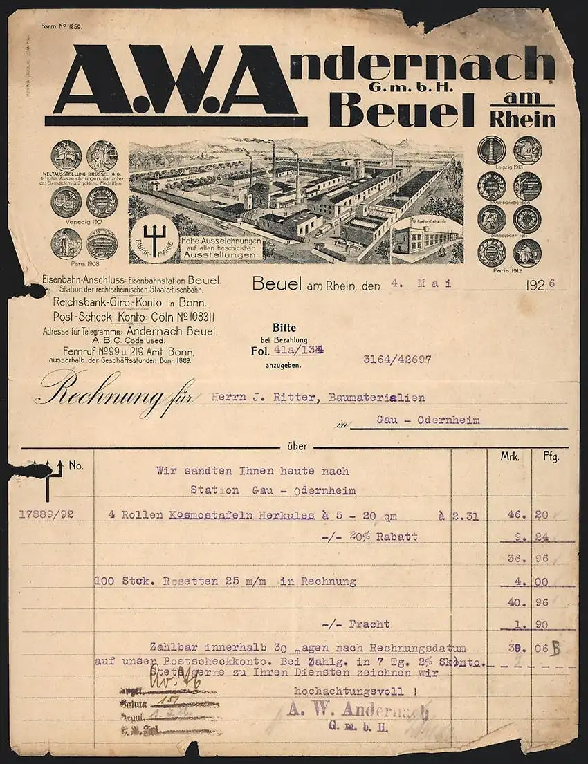 Rechnung Beuel a. Rhein 1926, A. W. Andernach, Werksgelände u. Kontor-Gebäude