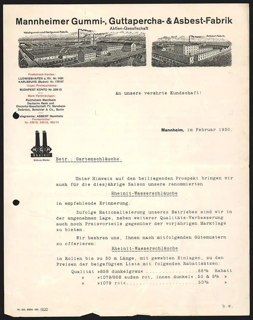 Rechnung Mannheim 1930, Mannheimer Gummi-, Guttapercha- & Asbest-Fabrik, Fabrikgelände m. Strassenbahnen