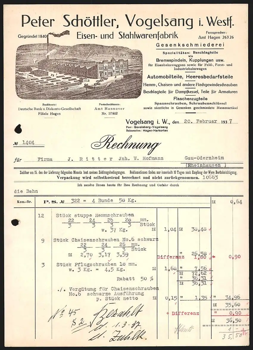 Rechnung Vogelsang i. W. 1937, Peter Schöttler Eisen- und Stahlwarenfabrik, Werksgelände