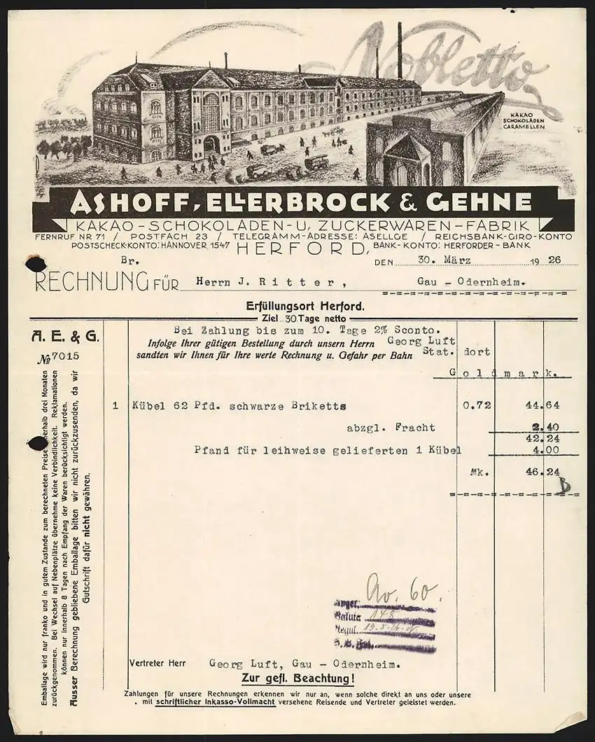 Rechnung Herford 1926, Ashoff, Ellerbrock & Gehne Kakao- u. Zuckerwaren-Fabrik, Fabrikgelände
