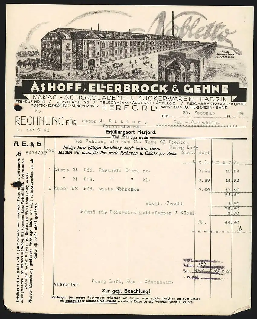 Rechnung Herford 1926, Ashoff, Ellerbrock & Gehne Kakao- u. Zuckerwaren-Fabrik, Fabrikgelände