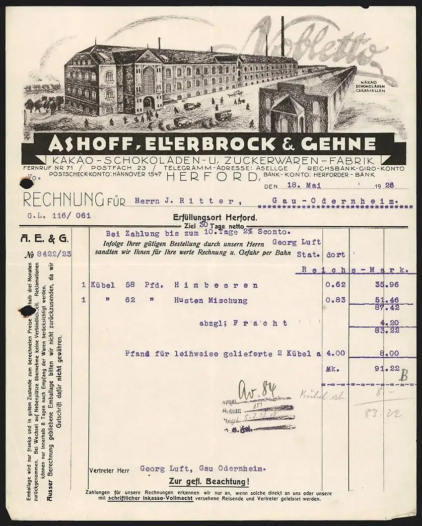 Rechnung Herford 1926, Ashoff, Ellerbrock & Gehne Kakao- u. Zuckerwaren-Fabrik, Fabrikgelände