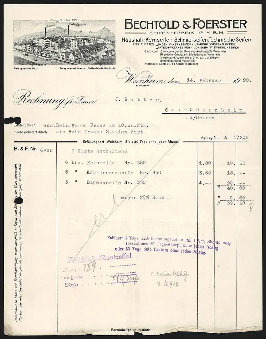 Rechnung Weinheim /Baden 1928, Bechtold & Foerster Seifen-Fabrik, Werksgelände aus der Vogelschau