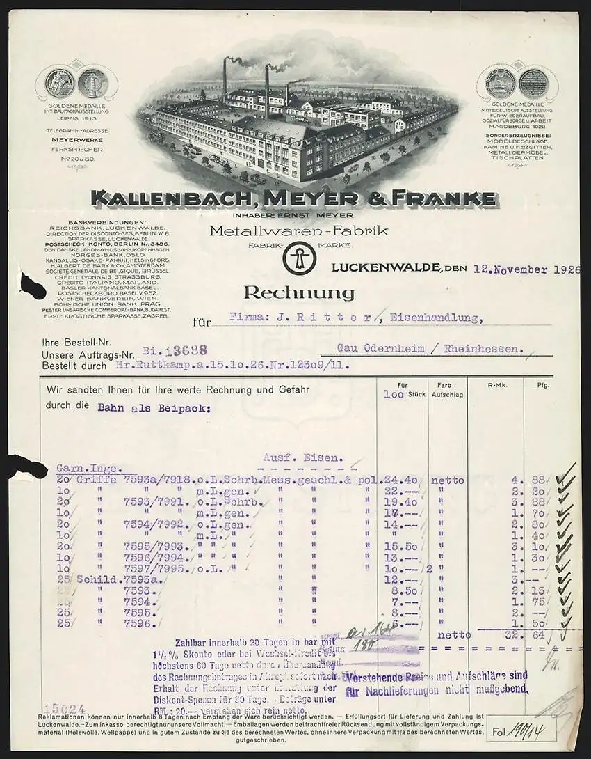 Rechnung Luckenwalde 1926, Kallenbach, Meyer & Franke Metallwaren-Fabrik, Fabrikgelände aus der Vogelschau
