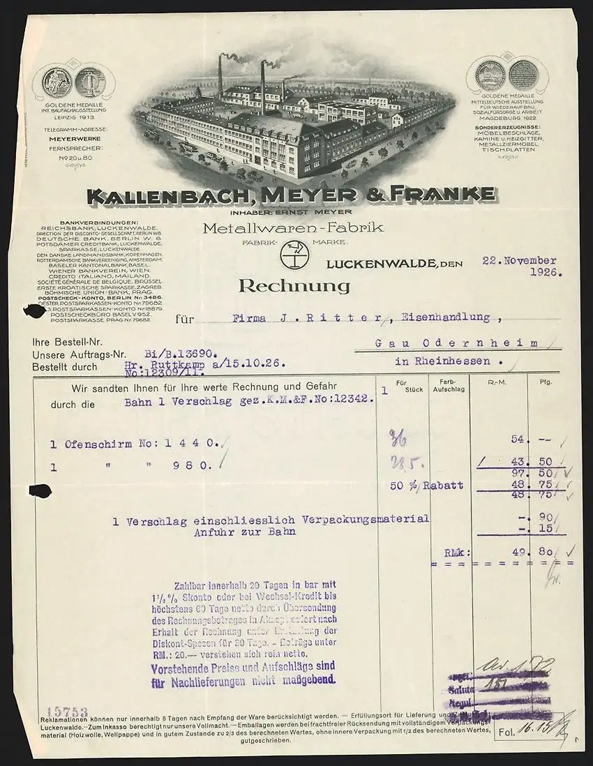 Rechnung Luckenwalde 1926, Kallenbach, Meyer & Franke Metallwaren-Fabrik, Fabrikgelände aus der Vogelschau