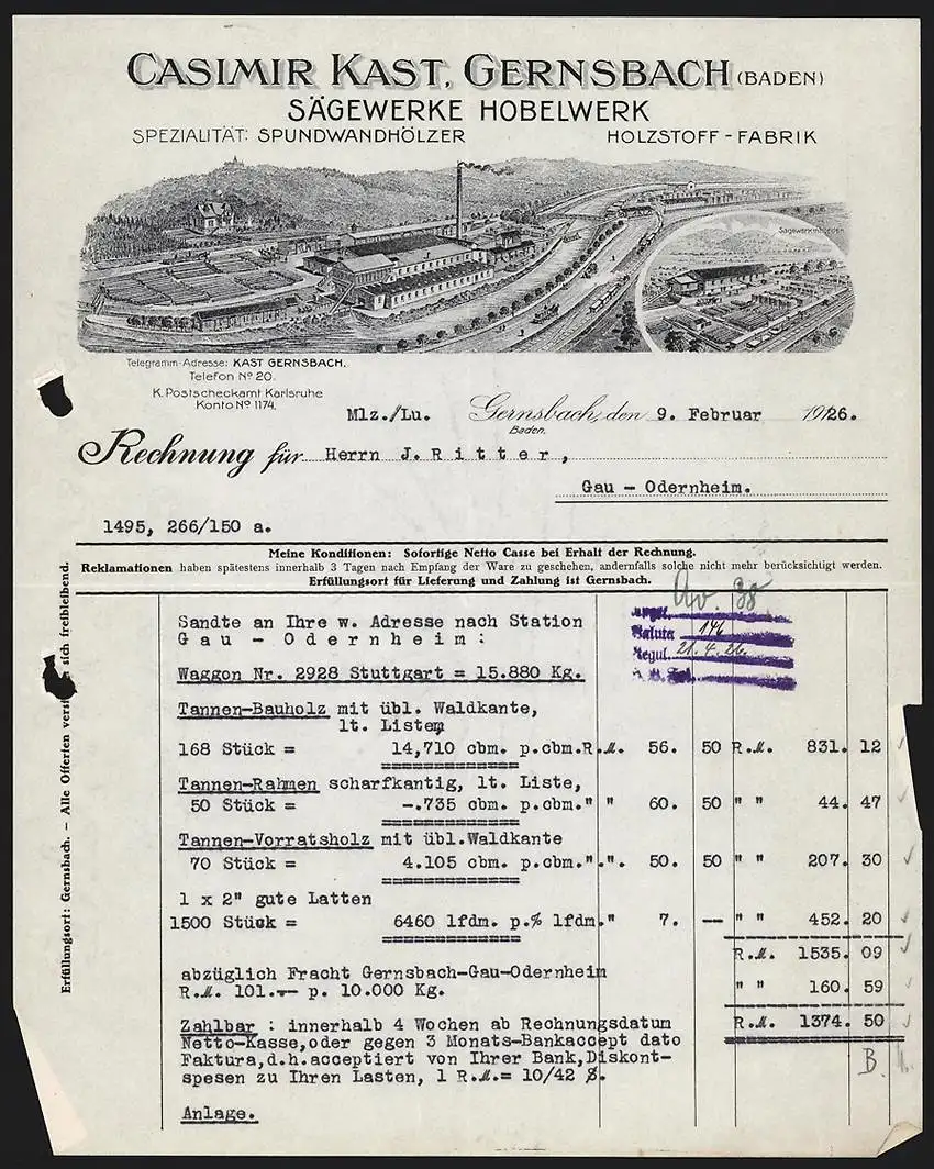 Rechnung Gernsbach /Baden 1926, Casimir Kast Sägewerke, Werksgelände mit Eisenbahn