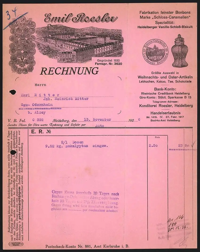 Rechnung Heidelberg 1926, Emil Roesler Bonbon-Fabrik, Fabrikhallen