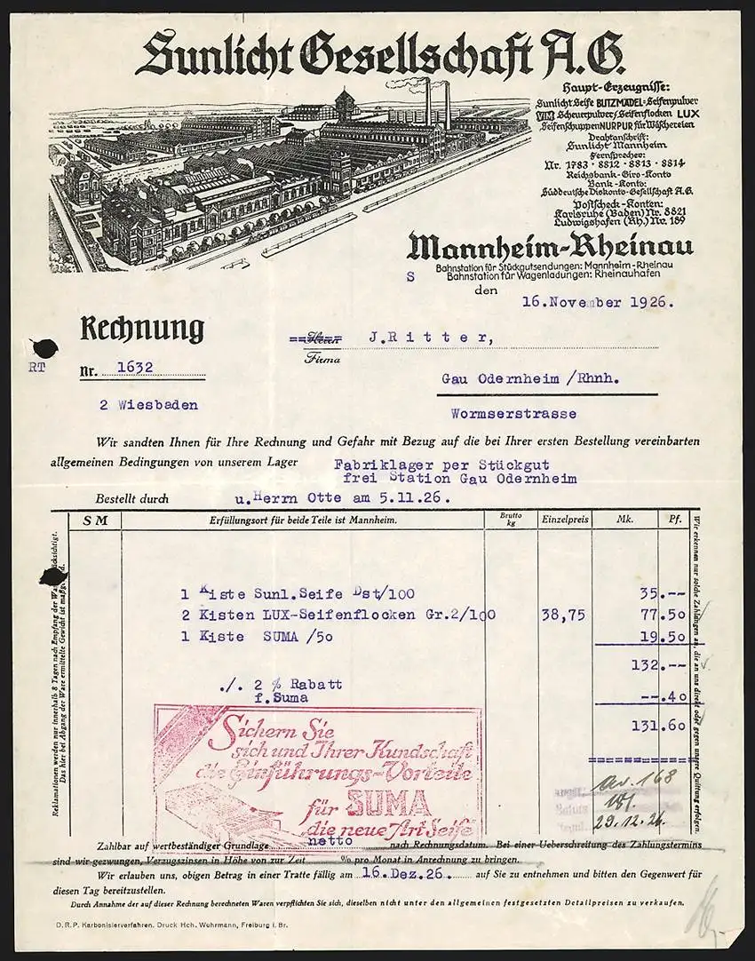 Rechnung Mannheim-Rheinau 1926, Sunlicht Gesellschaft Seifen-Fabrik, Werksgelände mit Eisenbahnen