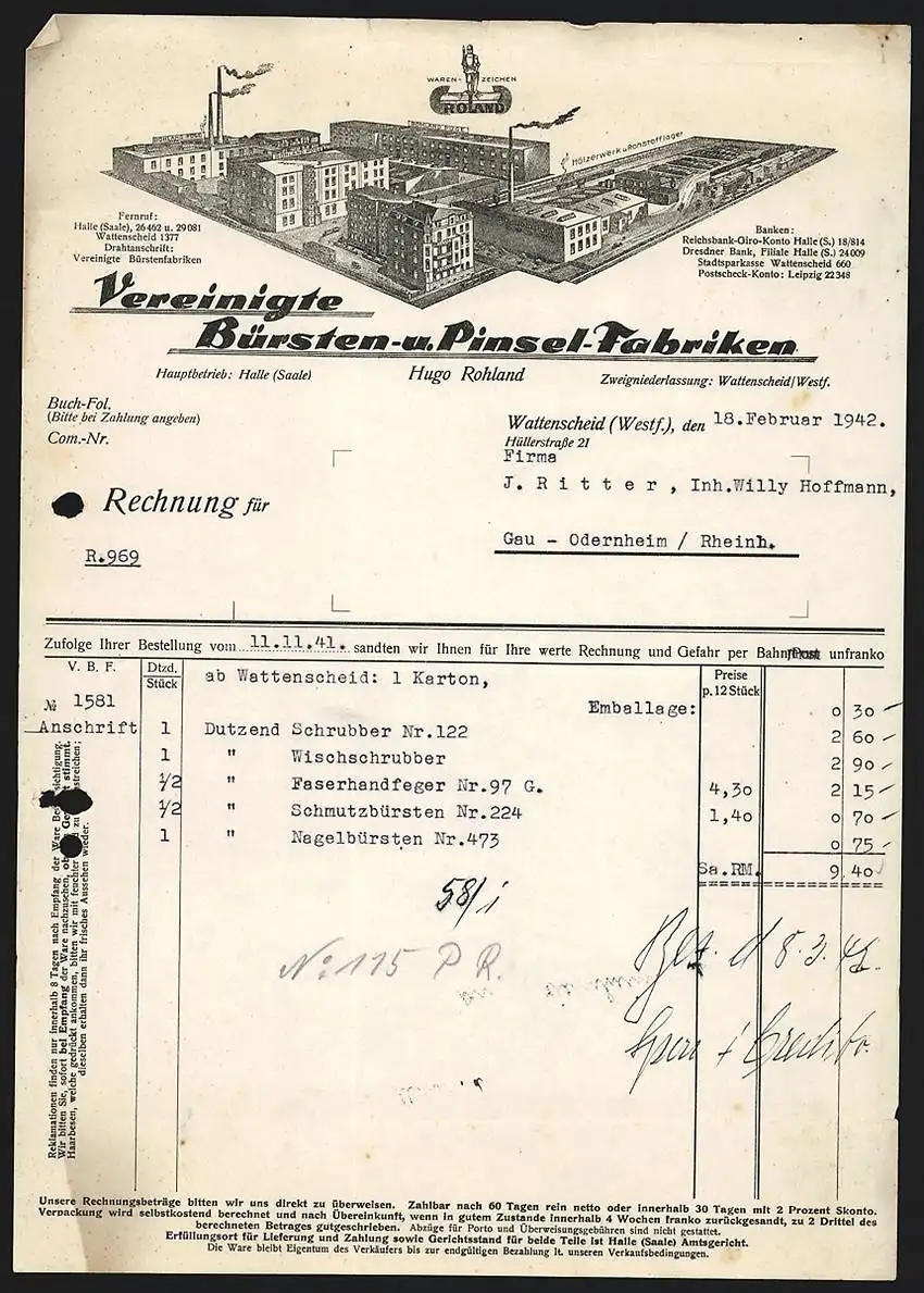 Rechnung Wattenscheid /Westf. 1942, Vereinigte Bürsten- u. Pinsel-Fabriken Hugo Rohland, Werkshallen