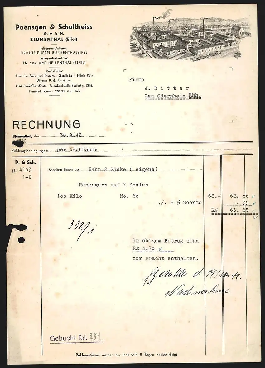 Rechnung Blumenthal /Eifel 1942, Poensgen & Schultheiss Drahtzieherei, Werksgelände aus der Vogelschau